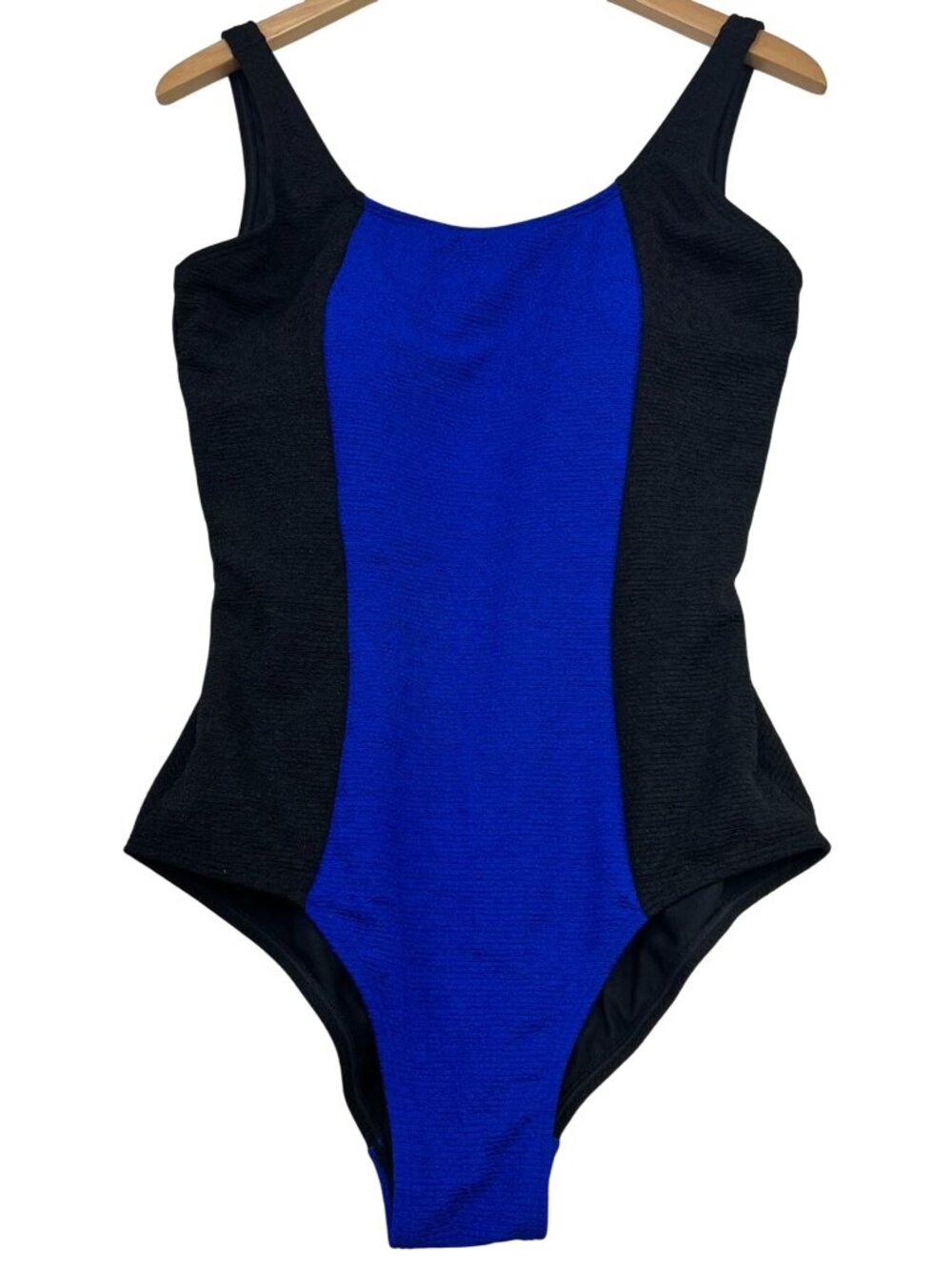 Sporti Womens Textured Scoop Back One Piece Slimsuit Sz 14 Black Blue Colorblock